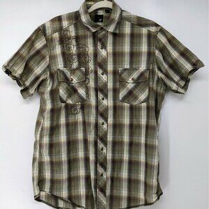 JF J. Ferrar Pearl Modern Snap Shirt Mens M 15-15 1/2 Floral Embroidered Plaid